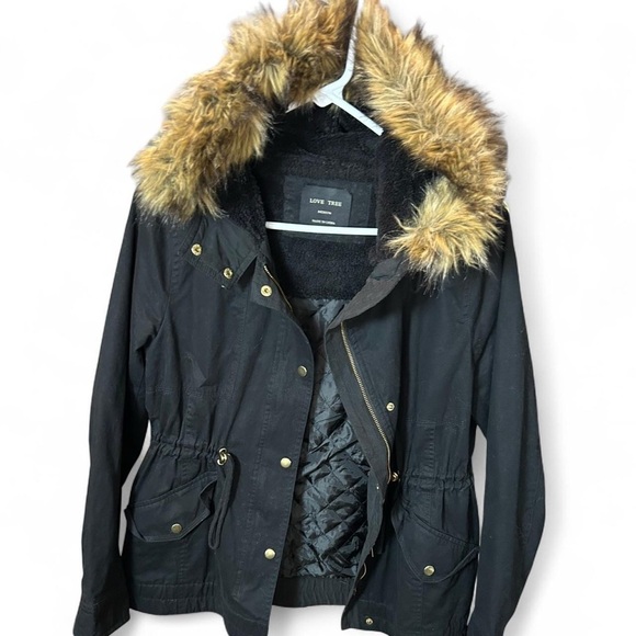 Love Tree Hooded Jacket w/ Faux Fur Trim | Black | Medium - Picture 2 of 8
